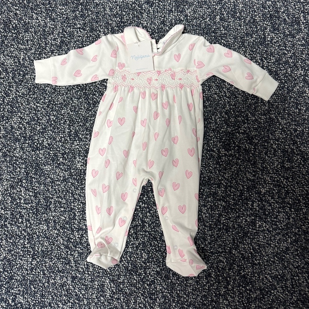 Nella Pima Pink Heart Print Smocked Footie